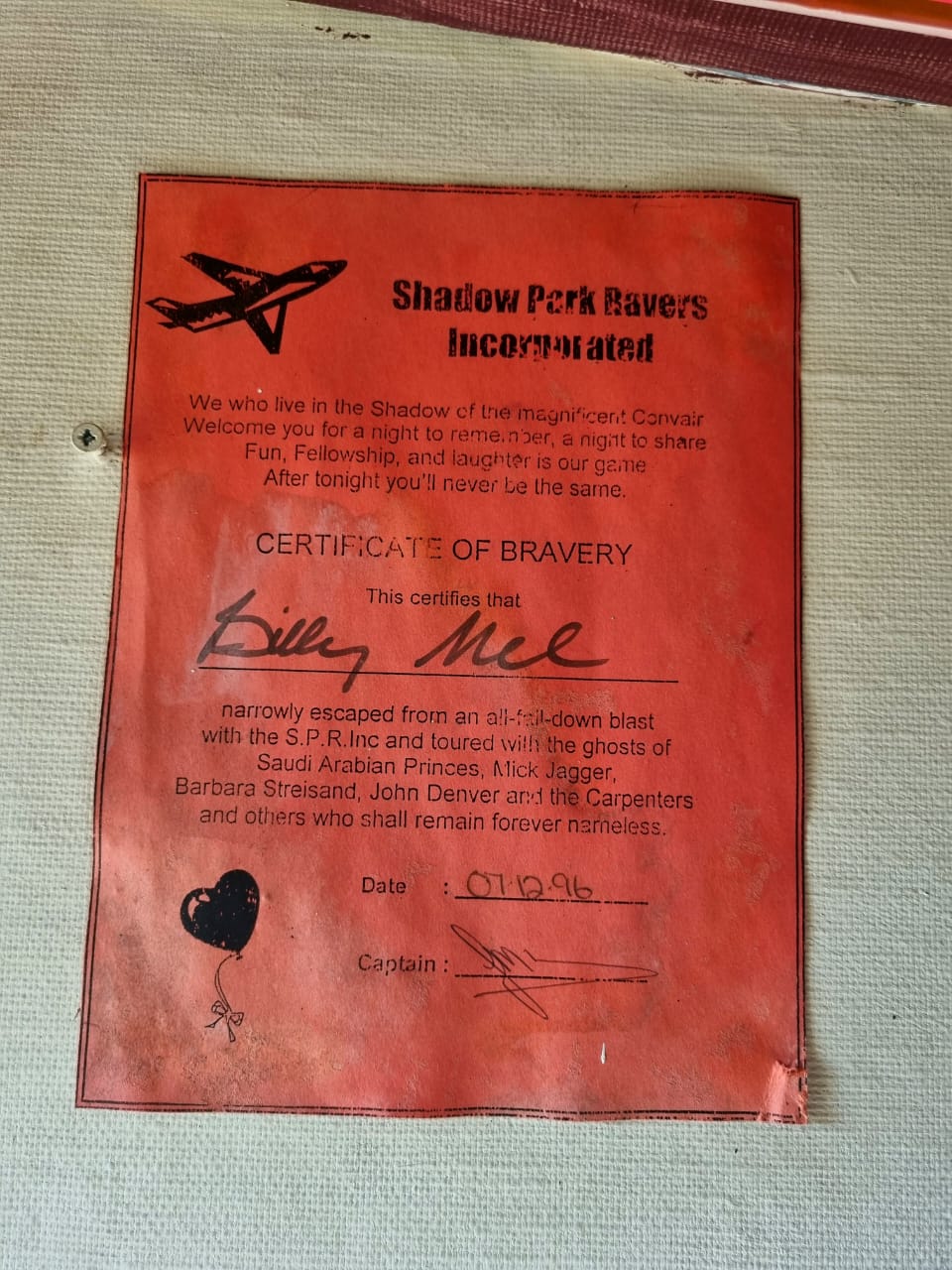 Historic certificate inside the aircraft